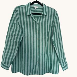 J Jill Love Linen Women's MEDIUM Striped Collared Button Up Shirt Blouse NWOT